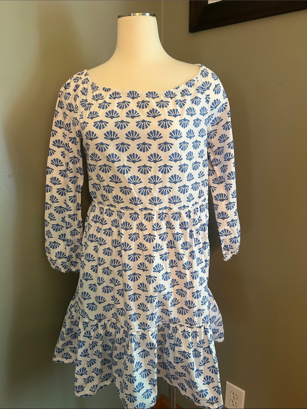 J. Crew White Dress with Blue Shell Motif
